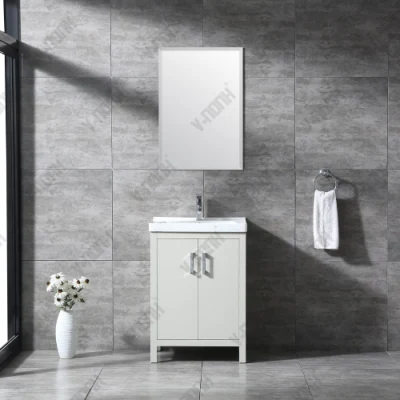 Tocador de baño moderno con lavabo individual, tamaño pequeño, color beige, 24 pulgadas