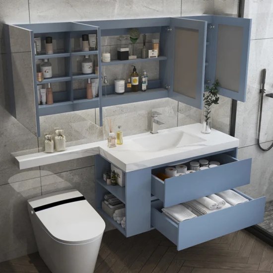 Tocador de baño de mármol, gabinetes de lavabo, tocador de pared de baño con espejo LED inteligente