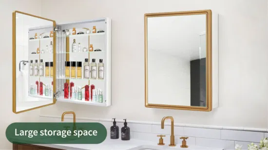 Gabinete de medicina impermeable de aleación de aluminio de pared Gabinete con espejo para baño Gabinete colgante de almacenamiento con marco de madera dorada del norte de Europa con kit de inodoro de una sola puerta