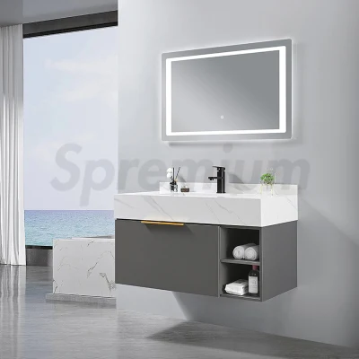 Moderno mueble de baño de pizarra negra mate montado en la pared, conjunto de tocador, lavabo individual, tocador flotante con espejo